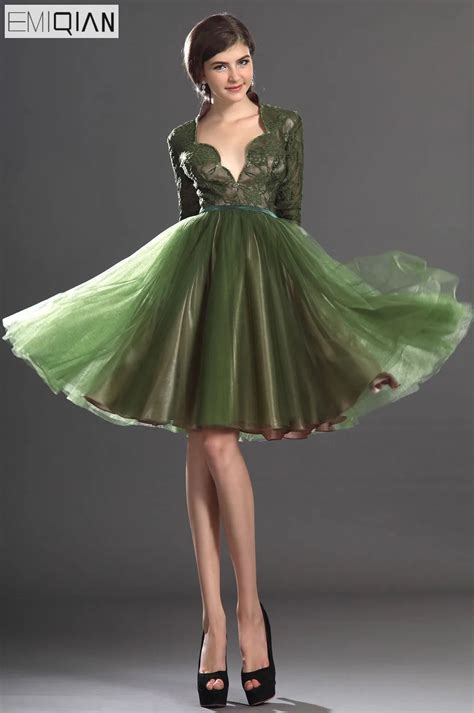 Free Shipping Lovely Knee Length Long Sleeves Olive Lace Bodice Cocktail Dress In Cocktail