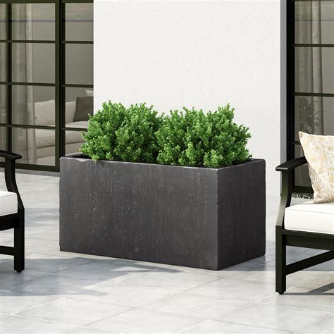 Ella Outdoor Modern Large Cast Stone Rectangular Planter Black By Noble House
