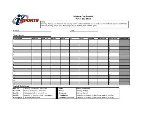 Flag Football Stat Sheet I9 Sports