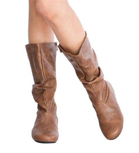 womens low heel mid calf slouchy suede slip on casual boots with side zipper tan pu ca187icko2c