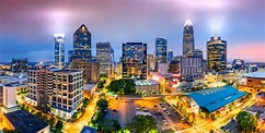 Aerial view of Charlotte, NC skyline on a foggy evening. Charlotte is ...