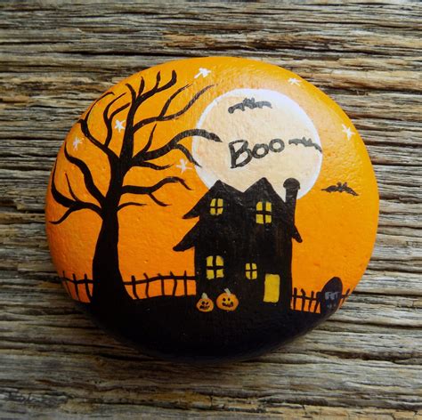 Orange Haunted House Painted Rockdecorative Accent Stone Paperweight