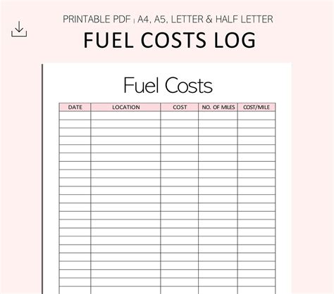 Fuel Cost Log Fuel Expense Tracker Fuel Cost Printable Etsy