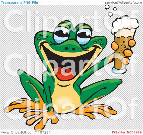Clipart Happy Green Frog Holding Up A Beer Royalty Free Vector