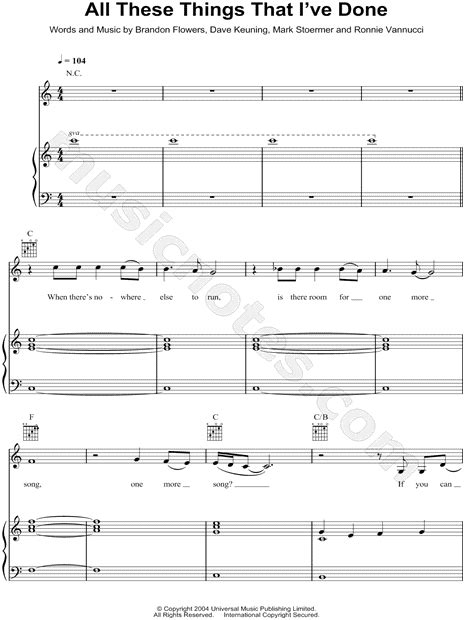 The Killers All These Things That Ive Done Sheet Music In C Major