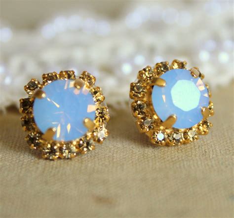 Opal Crystal Stud Aqua Blue Earring K Plated Gold Post