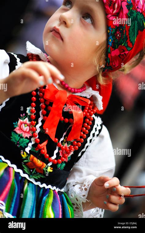 A Young Polish Girl Wearing Traditional Lowicz National Costume Corpus Christi Procession