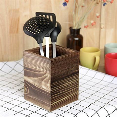 Rustic Torched Wood Kitchen Utensil Holder Counter Top C