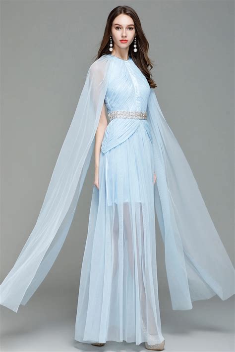 B0008 New Tulle Hand Beaded Ruched Shawl Maxi Wedding Light Blue Prom