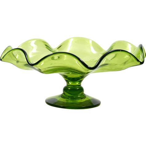 Blenko Art Glass Green Compote Vintage Hand Blown Bowl American Glass