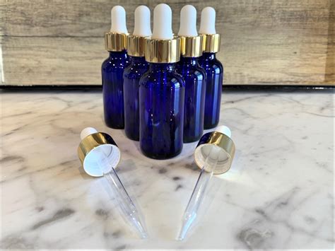 1 Oz 30 Ml Cobalt Blue Boston Round Glass Bottle With Gold Glass Dropper White Top Great For