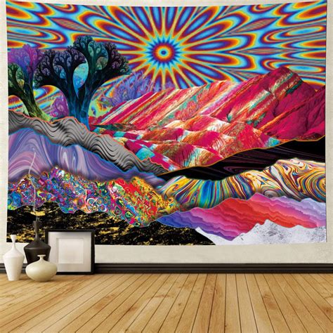 Psychedelic Sun Optical Illusion Mountian Rainbow Tapestry Kaiteez