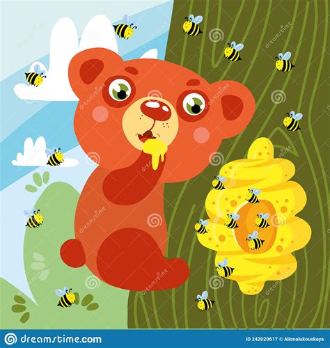 Bear And Bees On Tree Funny Kid Graphic Illustration Stock Vector