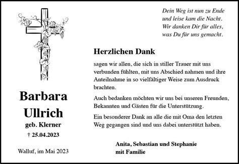 Traueranzeigen Von Barbara Ullrich Vrm Trauerde