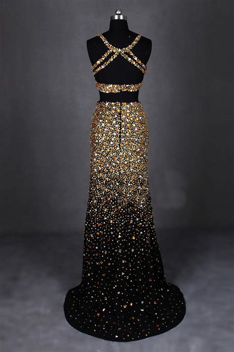 high slit two piece prom dress heavy beaded gold crystals sparkly long fitted formal evening