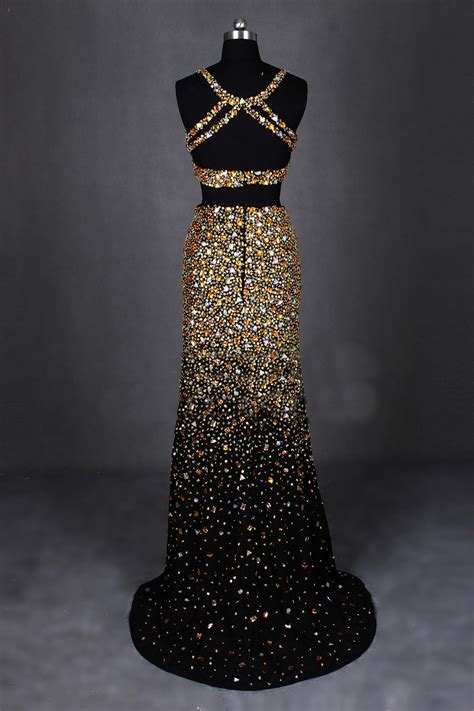 High Slit Two Piece Prom Dress Heavy Beaded Gold Crystals Sparkly Long Fitted Formal Evening