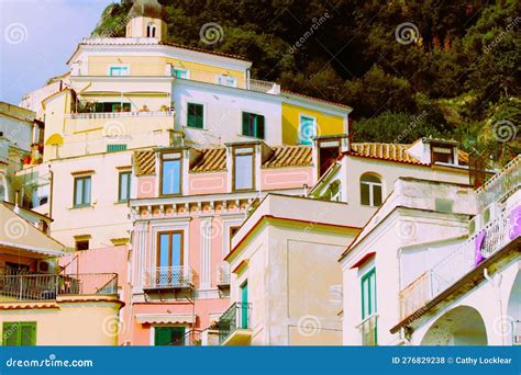 Close Up Of Colorful Homes In The Mountain Cliffs Along The Amalfi