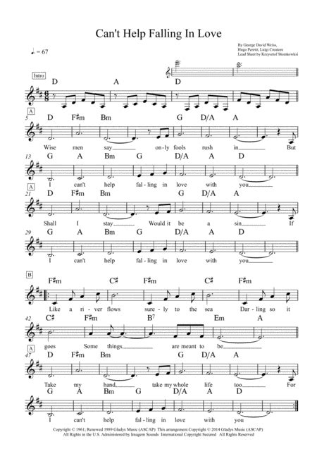 Can T Help Falling In Love Arr Krzysztof Slomkowski Sheet Music