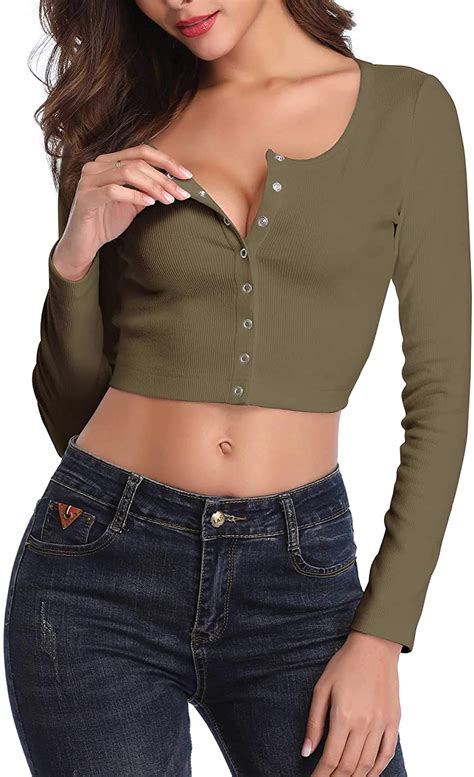 Fensace Womens Button Down Long Sleeve Crop Top At Amazon Womens