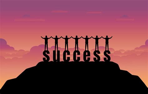 Businessman Team Stands On Success Text With Sunset Background 2526309
