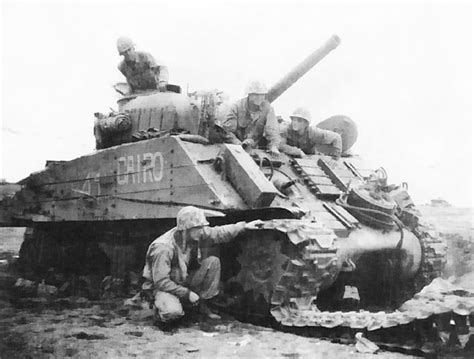 Photo M4 Sherman Cairo Disabled By Land Mine Iwo Jima Japan Feb