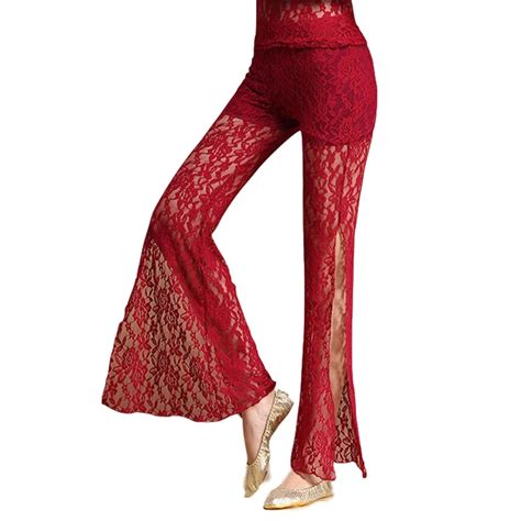 2018 New Belly Dance Clothes Women Dancewear Lace Pants With Shorts Side Split Flare Trousers