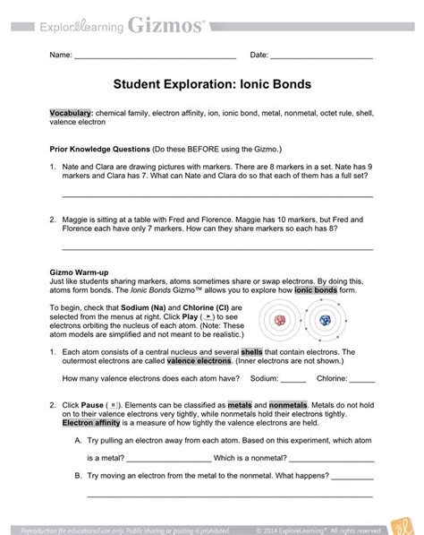 Ionic bonds are electrostatic interactions formed between ions of opposite charges. Ionic Bonds - Student Exploration GIZMO - Worksheet | Ionic bonding, Covalent bonding worksheet ...