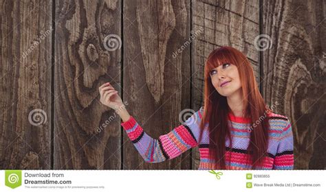 Redhead Woman Against Wooden Wall Stock Image Image Of Denim Pretty 92883855
