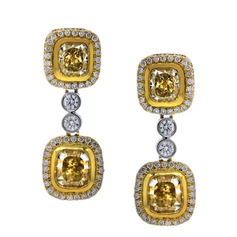 18k Two Tone Gold Yellow Diamond Drop Dangle Earrings Raymond Lee