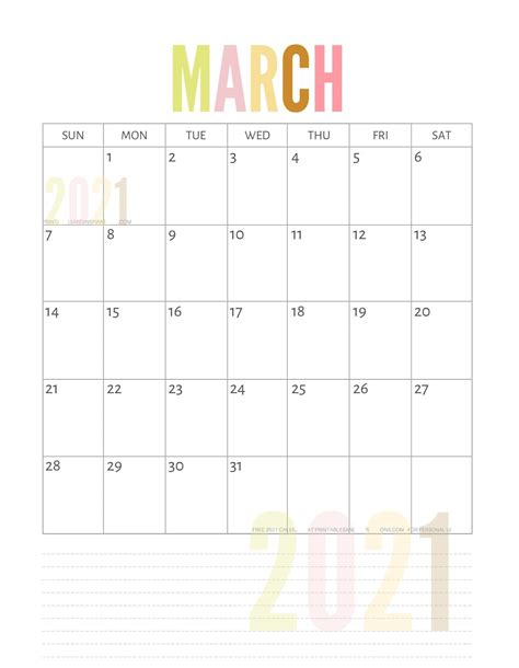 March 2021 Printable Calendar Notes Templates One Platform For