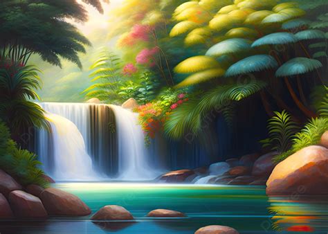 Illustration Of A Beautiful Waterfall In The Jungle On Sunny Day