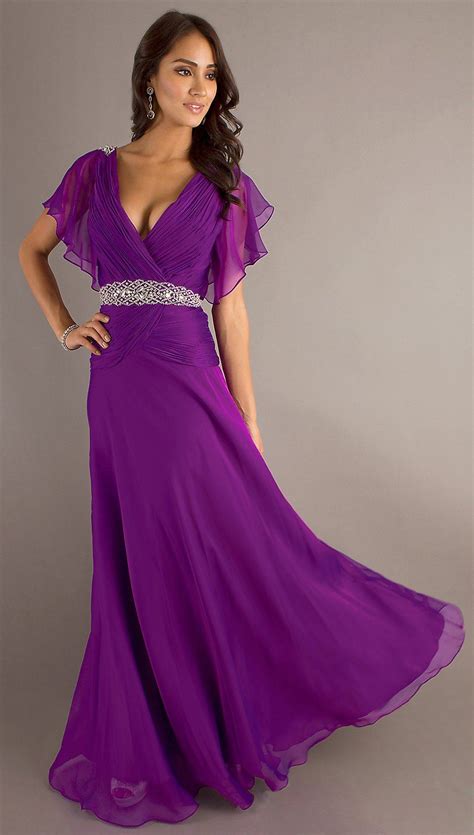 Modest Long Purple Formal Gown V Neckline Short Sleeve Chiffon Purple Prom Dress Prom Dresses
