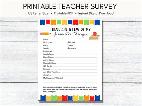 Teacher Favorite Things Survey Printable Instant Download Teacher