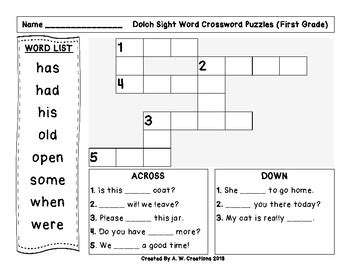 Play our daily crossword puzzles online for free! First (1st Grade) Dolch Sight Words Crossword Puzzle by A ...