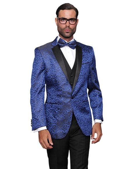 Mens Royal Blue Sequin Paisley Dinner Jacket Tuxedo Looki