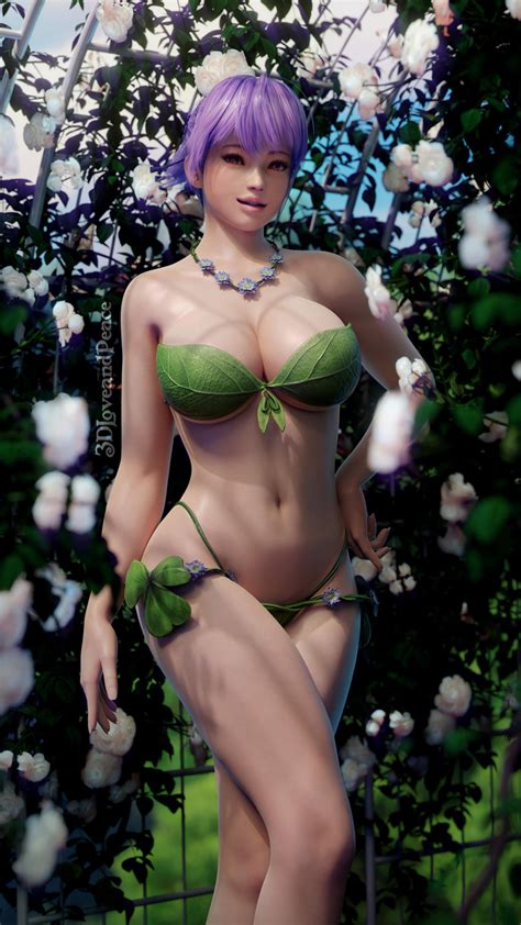 rule 34 1girls 3d 3dloveandpeace ayane doa brown eyes cleavage dead or alive flower necklace