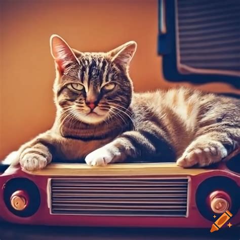 Cat Sleeping Next To A Vintage Radio