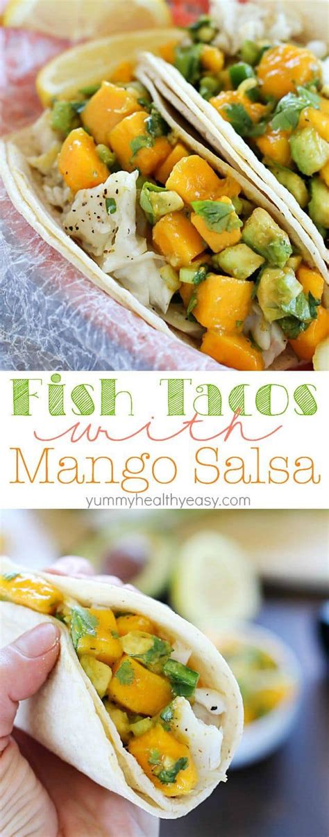 In a medium bowl, combine diced mango, avocado, finely chopped red onion and chopped cilantro. Fish Tacos with Mango Salsa - Yummy Healthy Easy