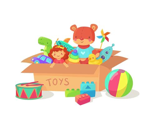 Toy chests have many purposes. Cartoon kids toys in cardboard toy box. Children holiday ...