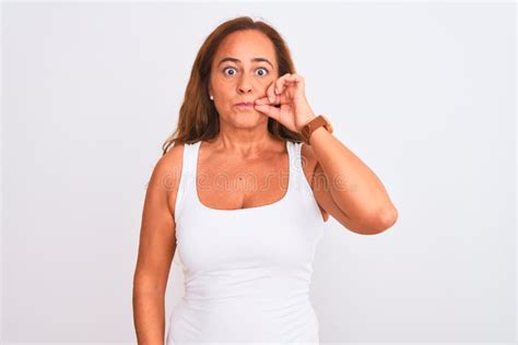 Middle Age Mature Woman Standing Over White Isolated Background Mouth