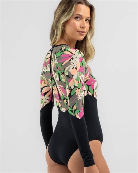 shop roxy fashion long sleeve surfsuit in anthracite palm song s fast shipping and easy returns