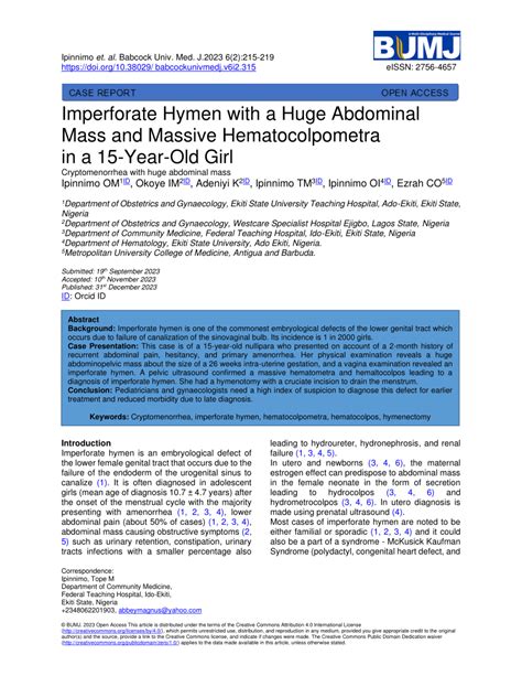 PDF Imperforate Hymen With A Huge Abdominal Mass And Massive Hematocolpometra In A Year Old