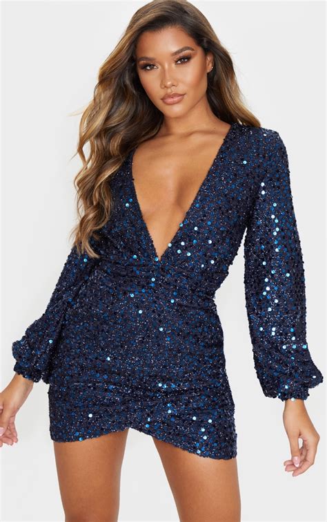 navy sequin plunge long sleeve bodycon dress prettylittlething aus