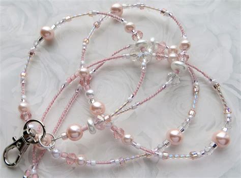 Pink Pearl Beaded Lanyard Id Badge Holder Sparkling Crystals And