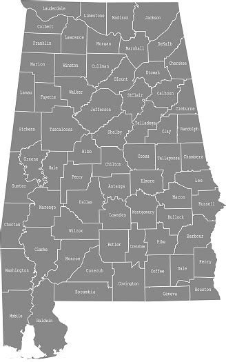 Alabama County Map Vector Outline State Of Usa In Gray Background Stock