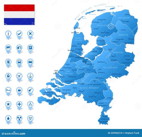 blue map of netherlands administrative divisions with travel infographic icons stock vector