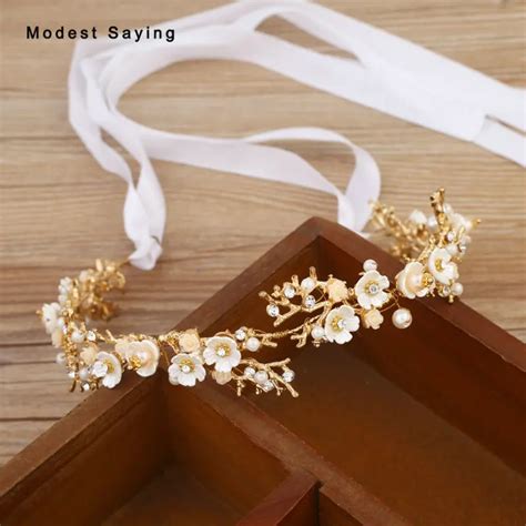 Gold Beaded Flowers Wedding Headbands 2018 Bridal Headwear With Ribbons
