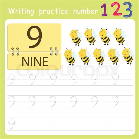 Worksheet Writing Practice Number Nine Stock Vector Colourbox