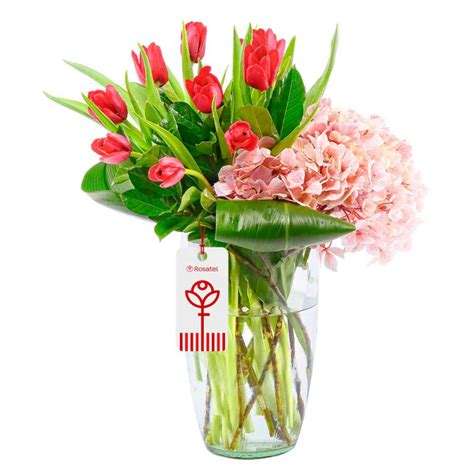 Envío Flores 10 Tulipanes Rojos Hortensia En Florero Rosatel Lima