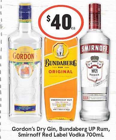 Gordon S Dry Gin Bundaberg Up Rum Smirnoff Red Label Vodka Offer At IGA